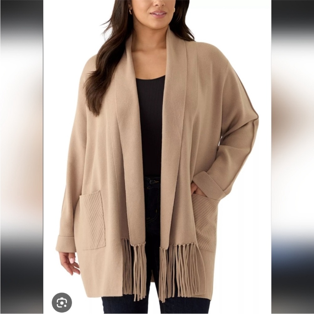 Magaschoni Women's Fringe Soft Open Front Brown Camel Cardigan Size 1x Boho Chic